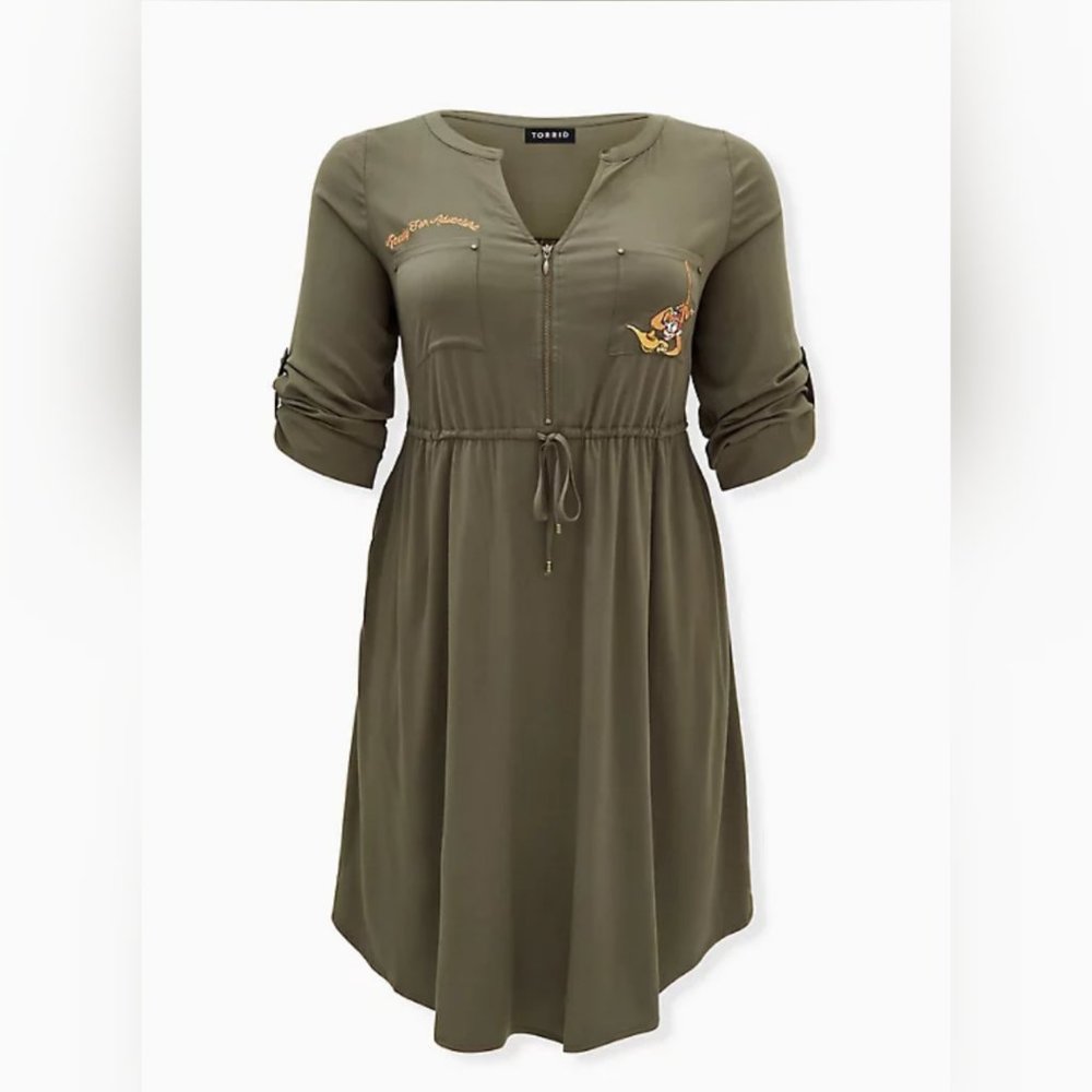 DISNEY ALADDIN ABU OLIVE CHALLIS FRONT SHIRT DRESS